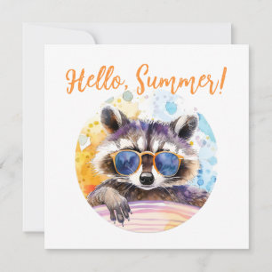 Hello Summer Racoon in sunglasses Watercolor Invitation