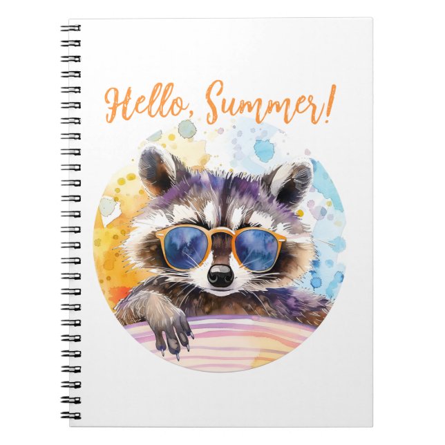Hello Summer Racoon in sunglasses Watercolor Notebook (Front)