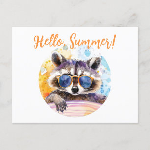 Hello Summer Racoon in sunglasses Watercolor Postcard