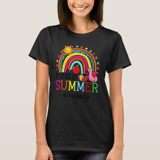 Hello Summer Rainbow Flamingo Watermelon Teacher L T-Shirt (Front)