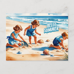 Hello Summer Retro Children Playing on a Beach  Postcard