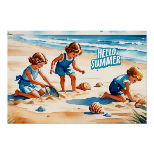 Hello Summer Retro Children Playing on a Beach Poster