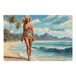 Hello Summer Retro Lady Walking on the Beach Poster
