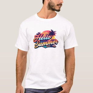 Hello Summer Retro Palm Tree Sunset Graphic T-Shir T-Shirt
