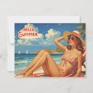 Hello Summer Retro Woman on the Beach  Postcard