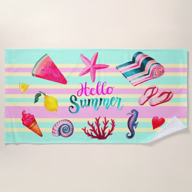 "Hello Summer" sea and summer watercolor striped Beach Towel (Front)