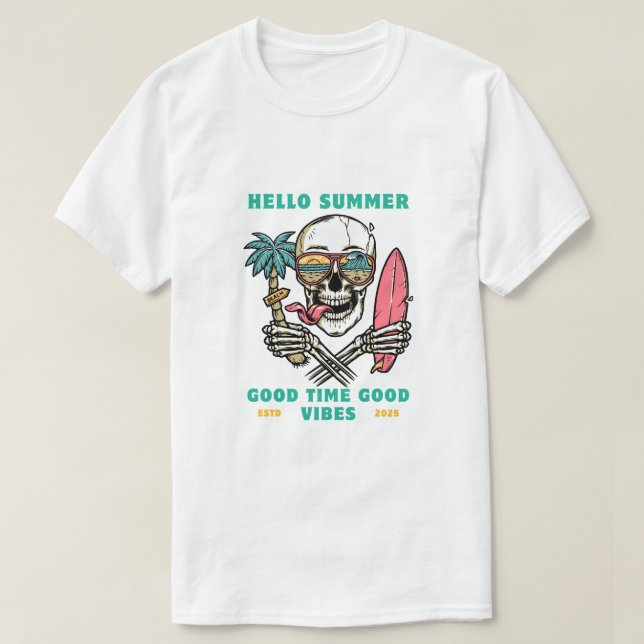 "Hello Summer – Skull Surfer Good Vibes" T-Shirt (Design Front)