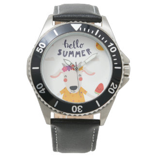 Hello summer steel black leather watch