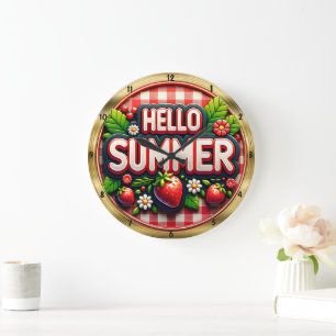 Hello Summer Strawberry Gingham  Large Clock
