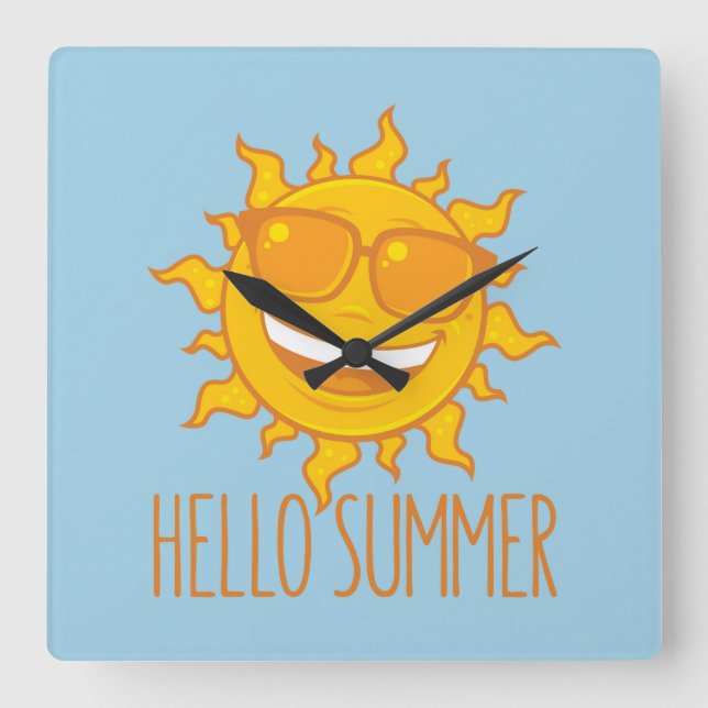 Hello Summer Sun With Sunglasses Square Wall Clock (Front)