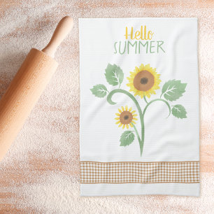 Hello Summer Sunflower Gingham Tea Towel