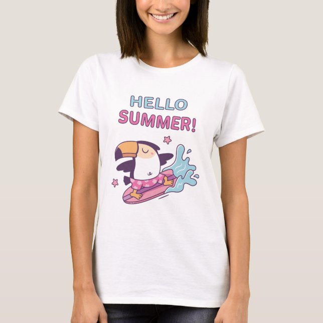 Hello Summer, Surfing Toucan, Make Waves T-Shirt (Front)