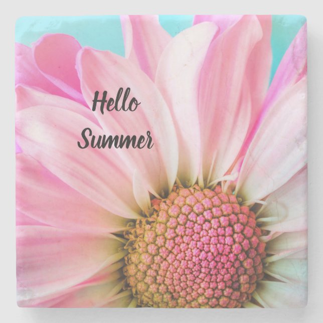 Hello Summer text with Flower Stone Coaster (Front)