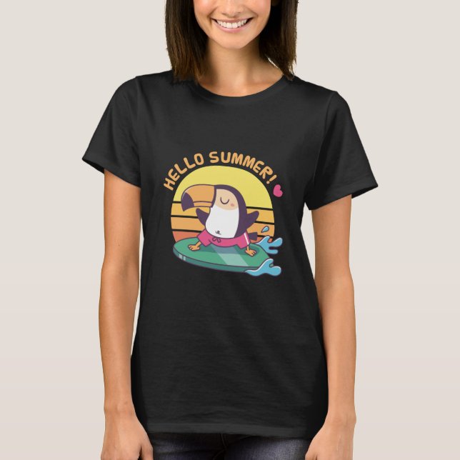 Hello Summer, Toucan on Surfboard T-Shirt (Front)