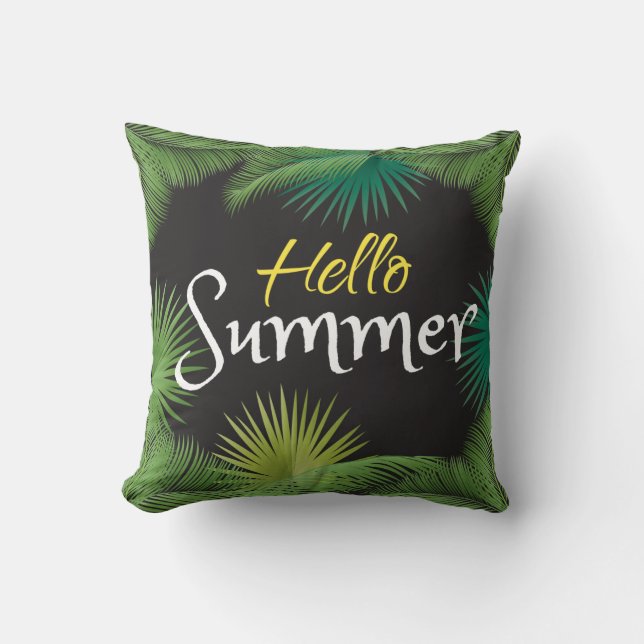 Hello Summer Tropical Palm Green Leafs Beach party Cushion (Front)
