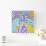 Hello Summer Tropical Purple Square Wall Clock<br><div class="desc">Lavender background with tropical foliage in pastel colors blue,  pink and lime with a custom script "hello summer". Check our store for more matching items.</div>