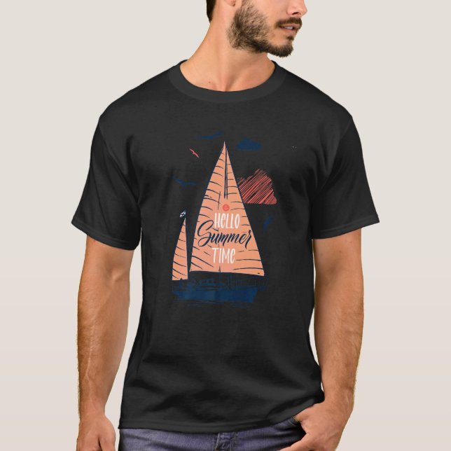 Hello Summer Vacation Cute Boat Time Sun Beach Men T-Shirt (Front)