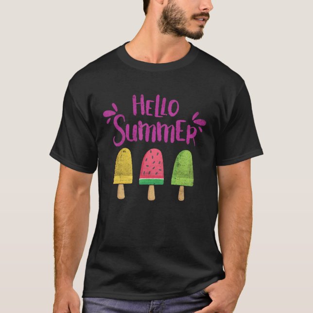 Hello Summer Vacation Ice Cream Popsicle Ice Lolly T-Shirt (Front)