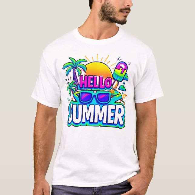 Hello Summer Vibes - Tropical Cartoon Design T-Shirt (Front)