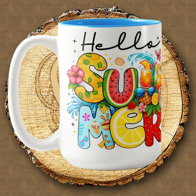 Hello summer vibes tropical fruits Two-Tone coffee mug (Creator Uploaded)