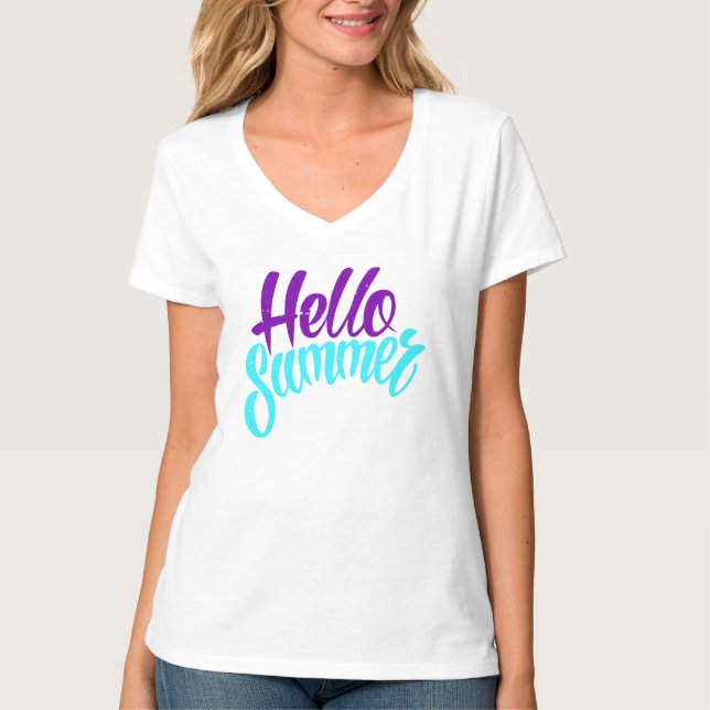 Hello Summer Vibrant Script Design T-Shirt (Front)