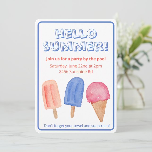Hello Summer Watercolor Popsicle Party Invitation (Standing Front)