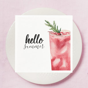 Hello Summer Watercolor Red Cherry Cocktail Napkin