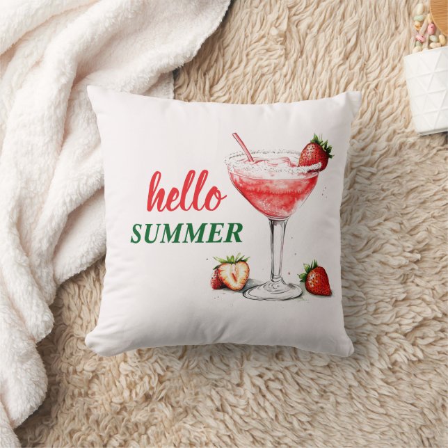Hello Summer Watercolor Strawberry Cocktail Pillow (Blanket)