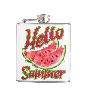 Hello Summer Watercolor Watermelon Design Hip Flask
