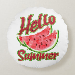 Hello Summer Watercolor Watermelon Design Round Cushion