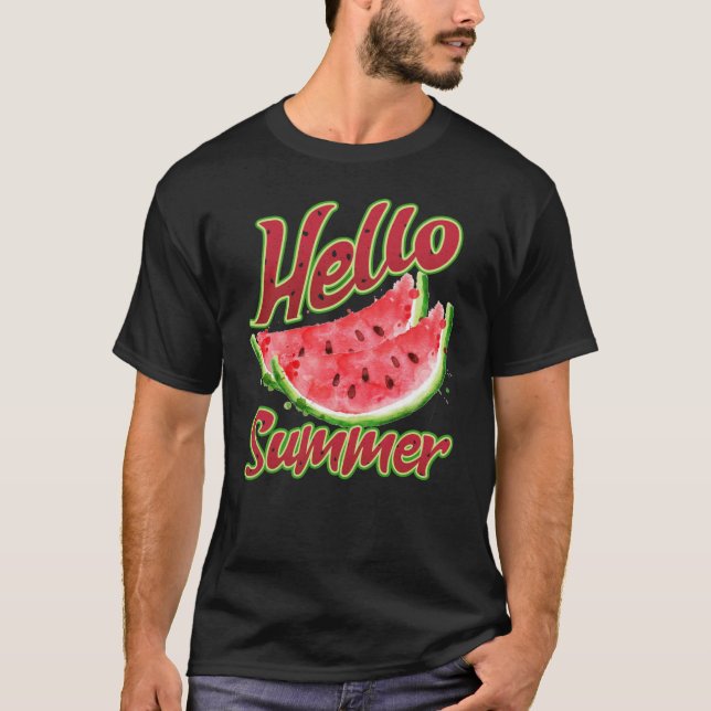 Hello Summer | Watercolor Watermelon Design T-Shirt (Front)