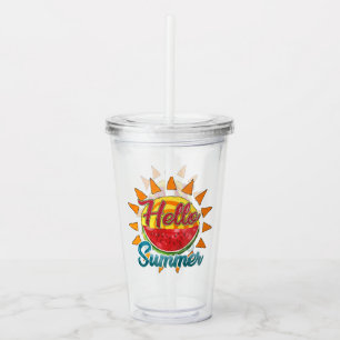 Hello Summer Watercolor Watermelon & Vibrant Sun Acrylic Tumbler