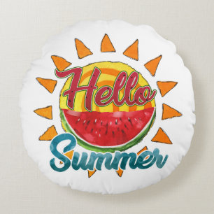Hello Summer   Watercolor Watermelon & Vibrant Sun Round Cushion