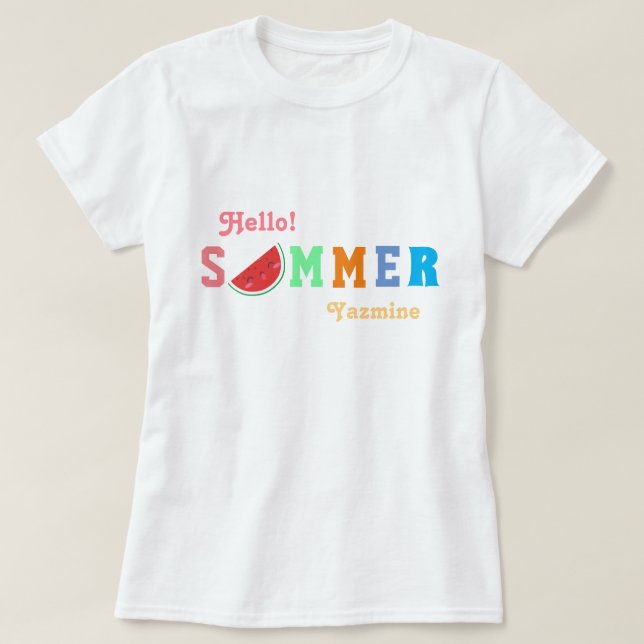 Hello Summer Watermelon Pastel Colour Text T-Shirt (Design Front)
