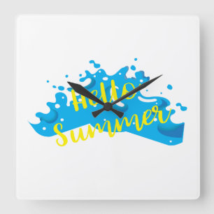 Hello Summer, Waves Graphic, Cool White Square Wall Clock