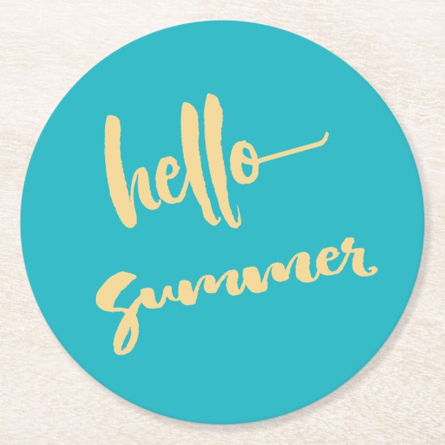 Hello Summer Yellow Blue Modern Script Round Paper Coaster (Front)