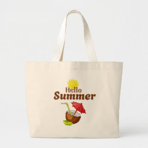Hello Summer Yellow Sun Coconut Red Umbrella Large Tote Bag