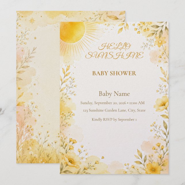 Hello Sunshine Baby Shower Invitation | Simple Sun (Front/Back)
