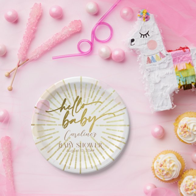 Hello Sunshine Boho Modern Happy Baby Girl Shower Paper Plate (Party)
