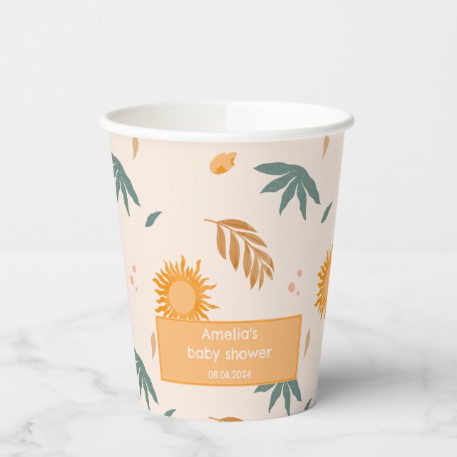 Hello sunshine boho watercolor Sun Baby Shower Paper Cups (Left)