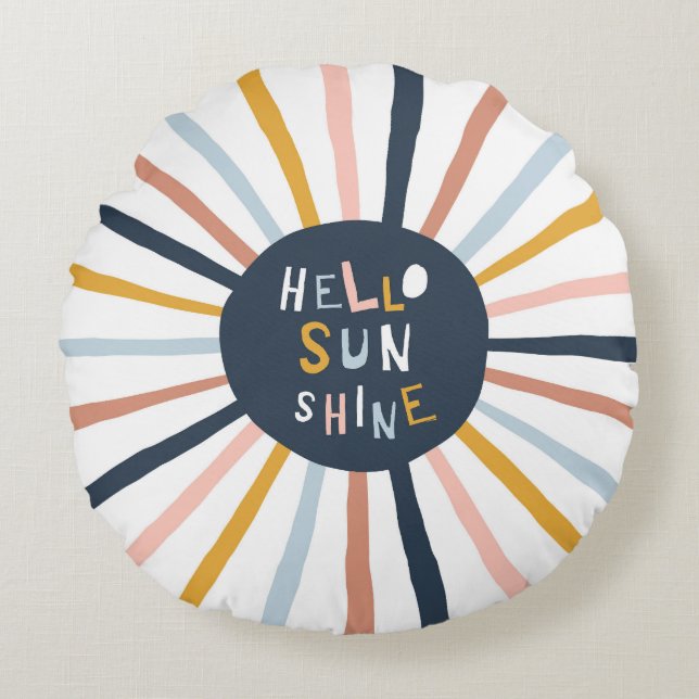 Hello Sunshine: Colourful Childish Typography Round Cushion (Front)