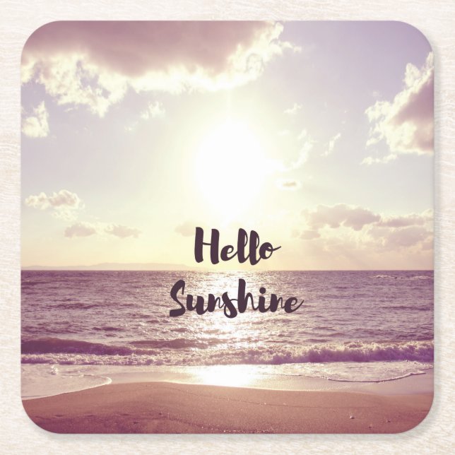 "Hello Sunshine" Photo Quote Square Paper Coaster (Front)