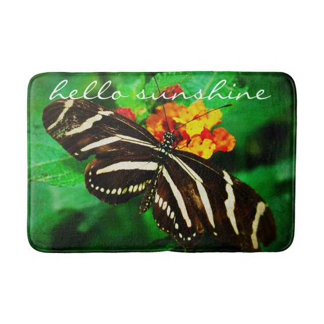 Hello Sunshine Quote Black White Butterfly Photo Bath Mat (Front)