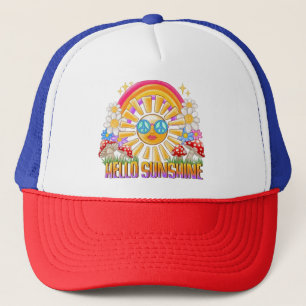 Hello Sunshine  Retro Hippie Summer Rainbow Design Trucker Hat