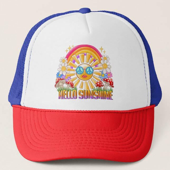 Hello Sunshine  Retro Hippie Summer Rainbow Design Trucker Hat (Front)