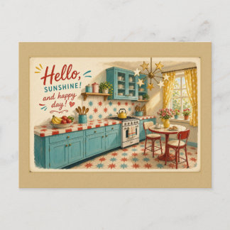 Hello Sunshine Retro Teal Star Kitchen Postcard