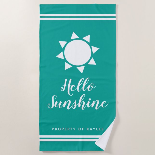 Hello Sunshine summer beach towel with custom name (Front)