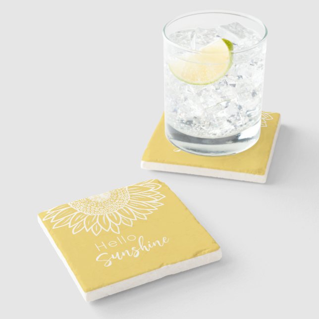 Hello Sunshine Sunflower Outdoor Pillow Stone Coaster (Side)