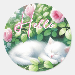 Hello   Sweet White Kitten Napping Classic Round Sticker