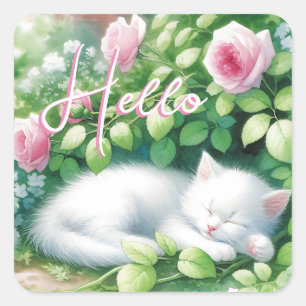 Hello   Sweet White Kitten Napping Square Sticker
